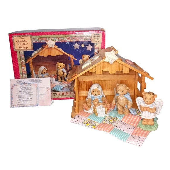 NEW Enesco Cherished Teddies 4 Pc Nativity Set + Wooden Creche Josh Maria & Baby - Picture 1 of 8